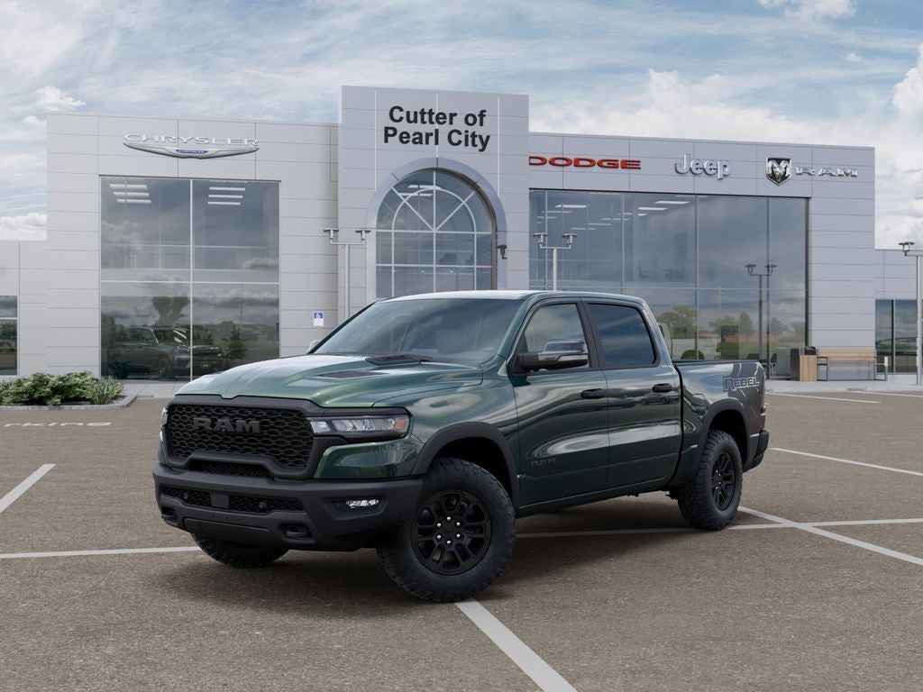 2026 RAM Ram 1500 RAM 1500 REBEL CREW CAB 4X4 5'7' BOX in Serrano-Green Metallic Exterior Paint — front three-quarter view