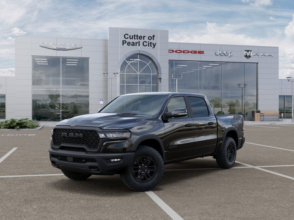 2026 RAM Ram 1500 RAM 1500 REBEL CREW CAB 4X4 5'7' BOX in Diamond Black Crystal Pearl-Coat Exterior Paint — front three-quarter view
