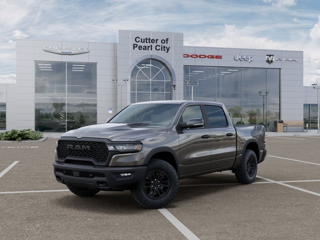 2026 RAM Ram 1500 RAM 1500 REBEL CREW CAB 4X4 5'7' BOX in Granite Crystal Metallic Clear-Coat Exterior Paint — front three-quarter view
