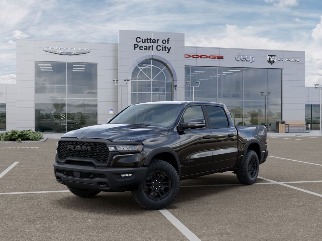 2026 RAM Ram 1500 RAM 1500 REBEL CREW CAB 4X4 5'7' BOX in Diamond Black Crystal Pearl-Coat Exterior Paint — front three-quarter view