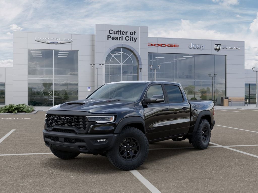 2026 RAM Ram 1500 RAM 1500 RHO CREW CAB 4X4 5'7' BOX in Diamond Black Crystal Pearl-Coat Exterior Paint — front three-quarter view