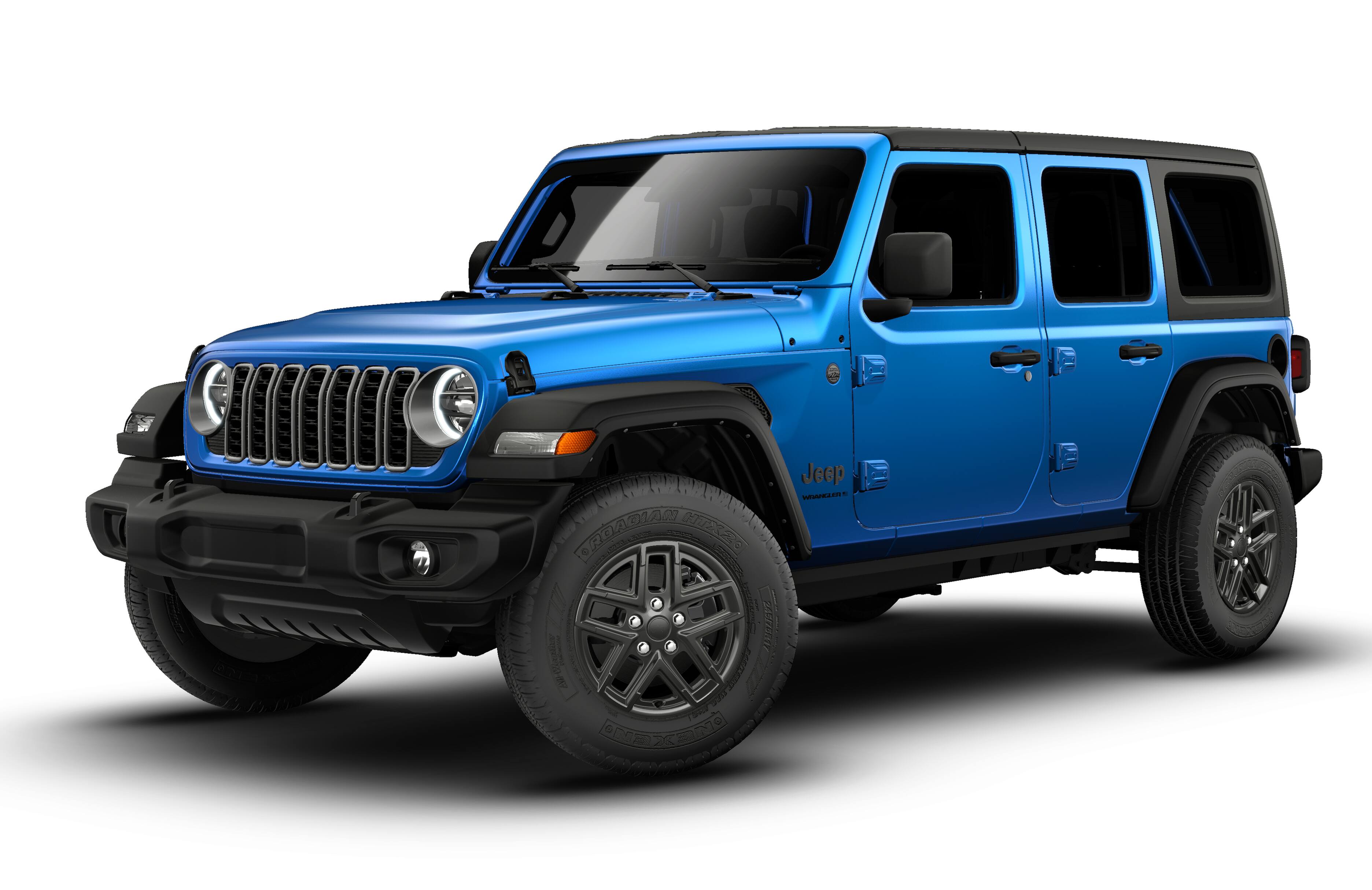 2026 Jeep Wrangler WRANGLER 4-DOOR SPORT S in Hydro Blue Pearl-Coat Exterior Paint — front three-quarter view