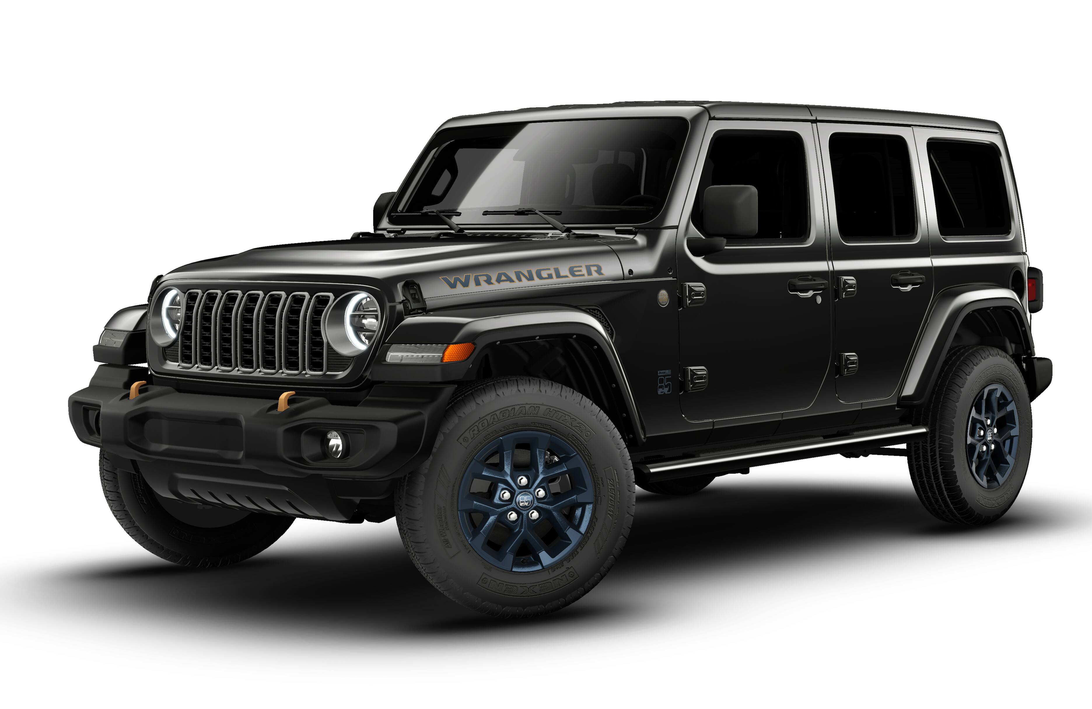 2026 Jeep Wrangler WRANGLER 4-DOOR 85TH ANNIVERSARY EDITION in Black Clear-Coat Exterior Paint — front three-quarter view
