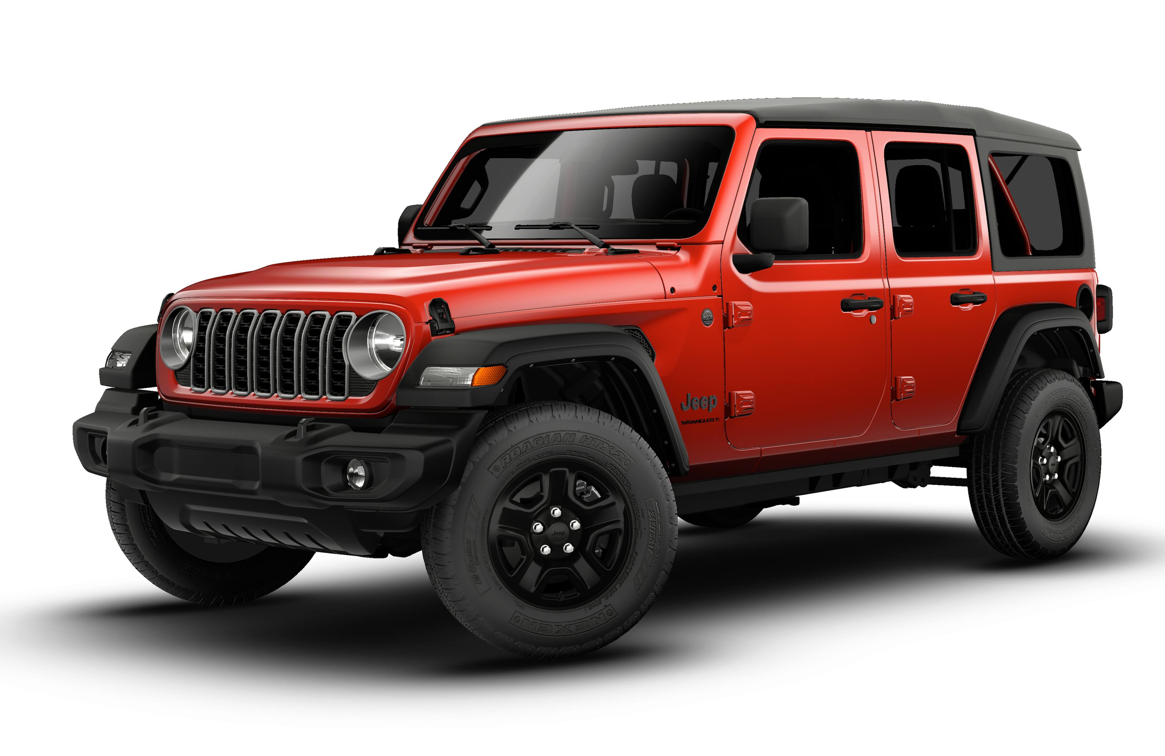 2026 Jeep Wrangler WRANGLER 4-DOOR SPORT in Firecracker Red Clear-Coat Exterior Paint — front three-quarter view