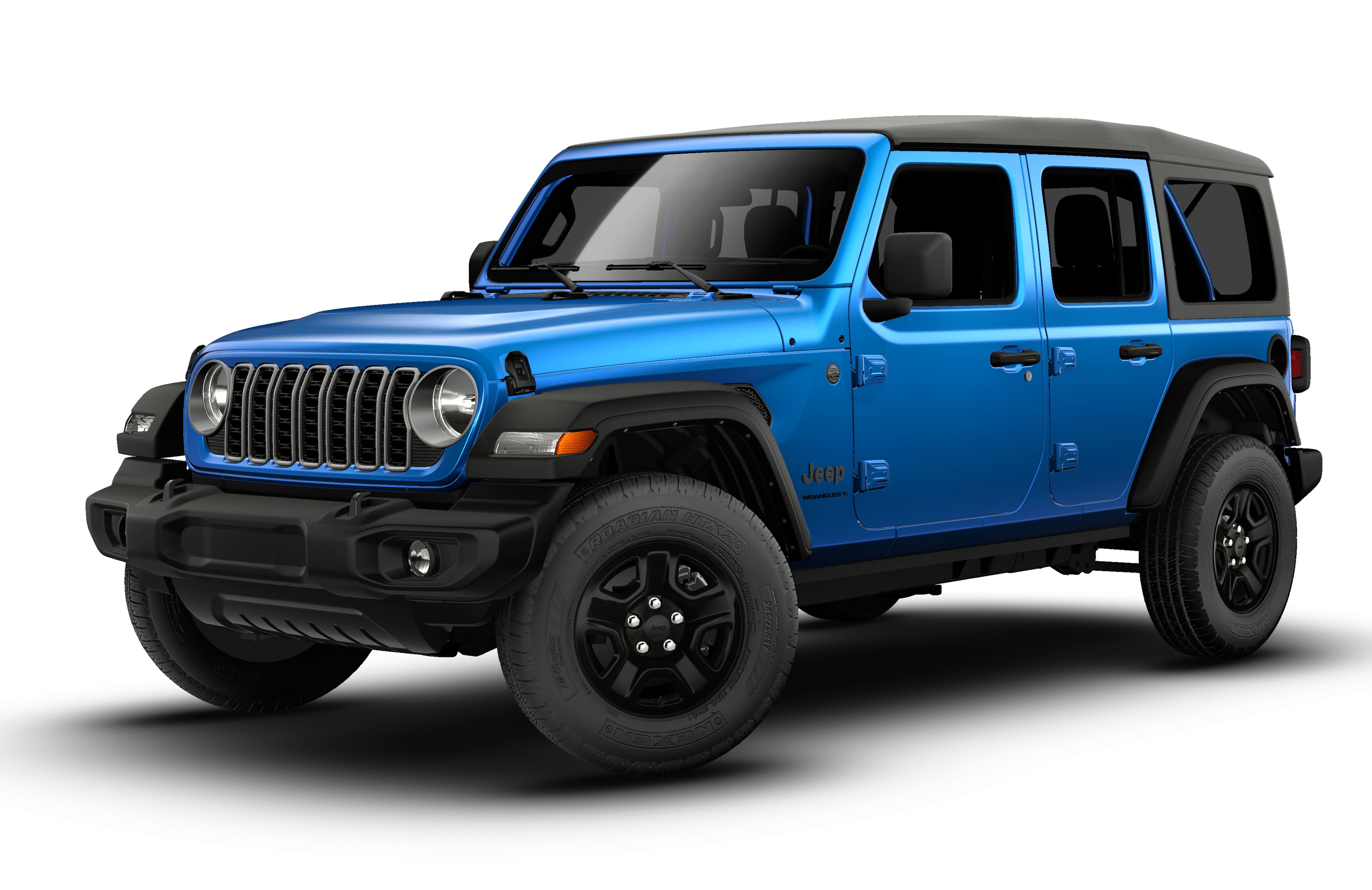 2026 Jeep Wrangler WRANGLER 4-DOOR SPORT in Hydro Blue Pearl-Coat Exterior Paint — front three-quarter view