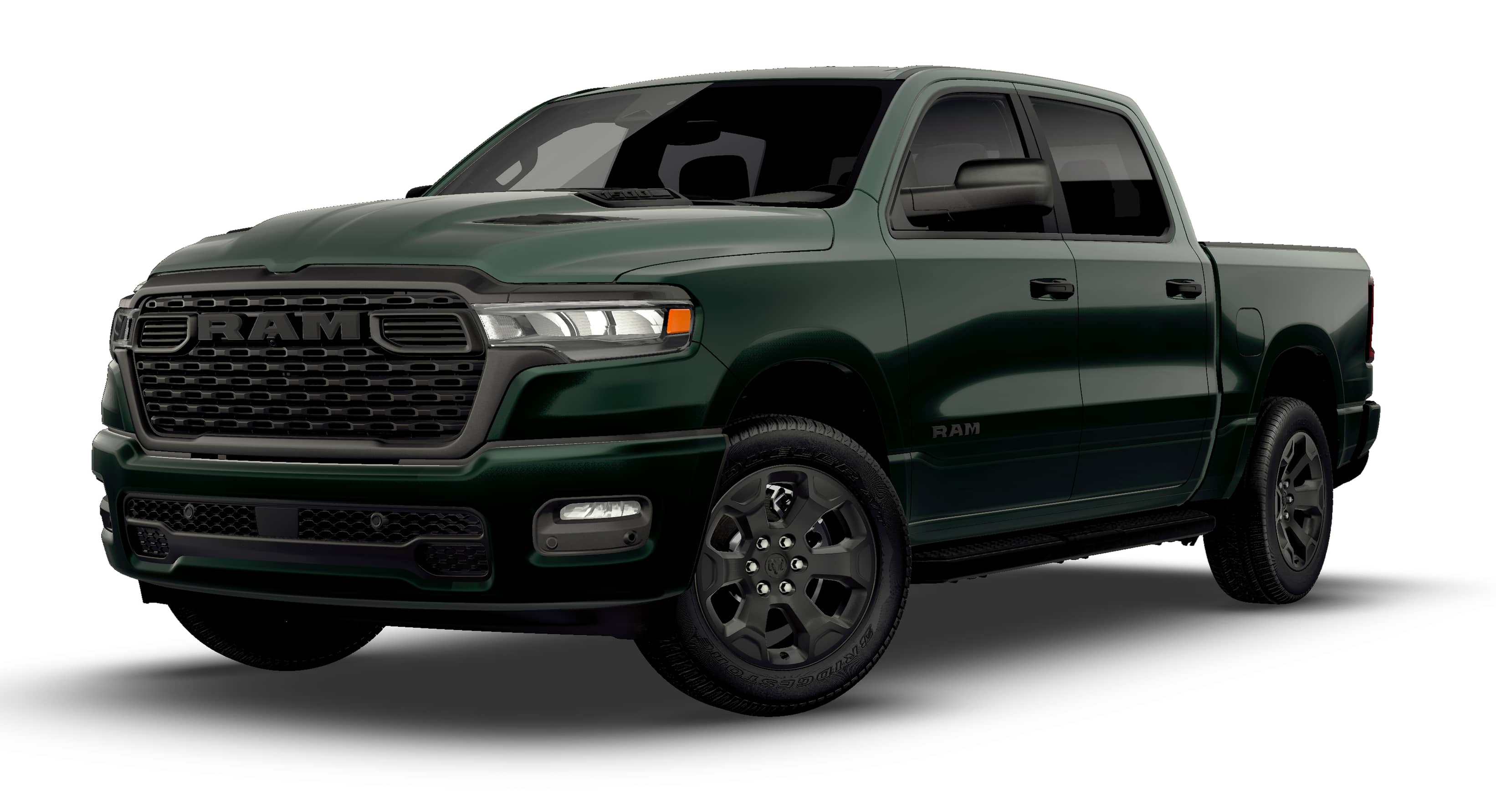 2026 RAM Ram 1500 RAM 1500 EXPRESS CREW CAB 4X4 5'7' BOX in Serrano-Green Metallic Exterior Paint — front three-quarter view