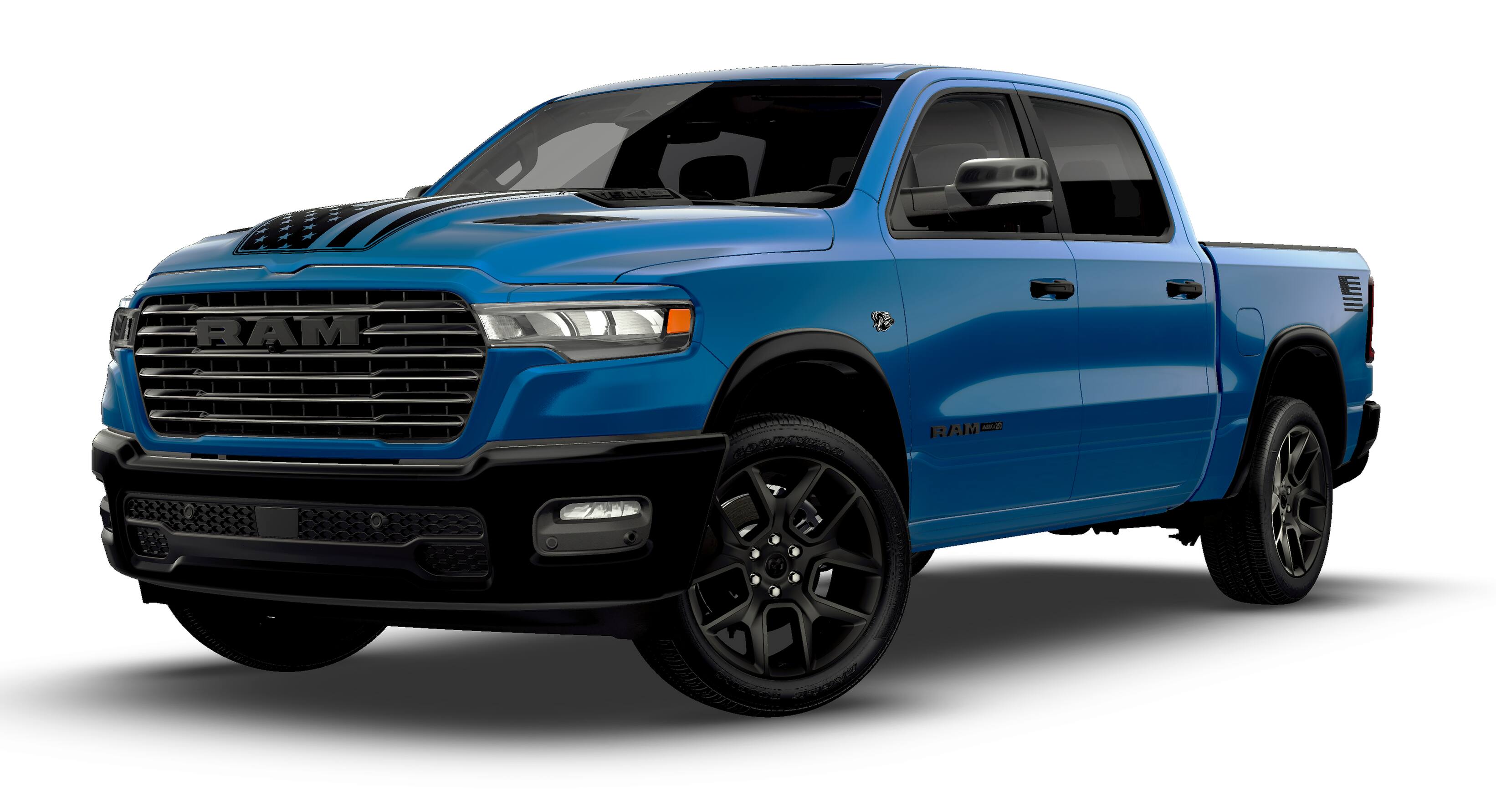 2026 RAM Ram 1500 RAM 1500 LARAMIE CREW CAB 4X4 5'7' BOX in Hydro Blue Pearl-Coat Exterior Paint — front three-quarter view
