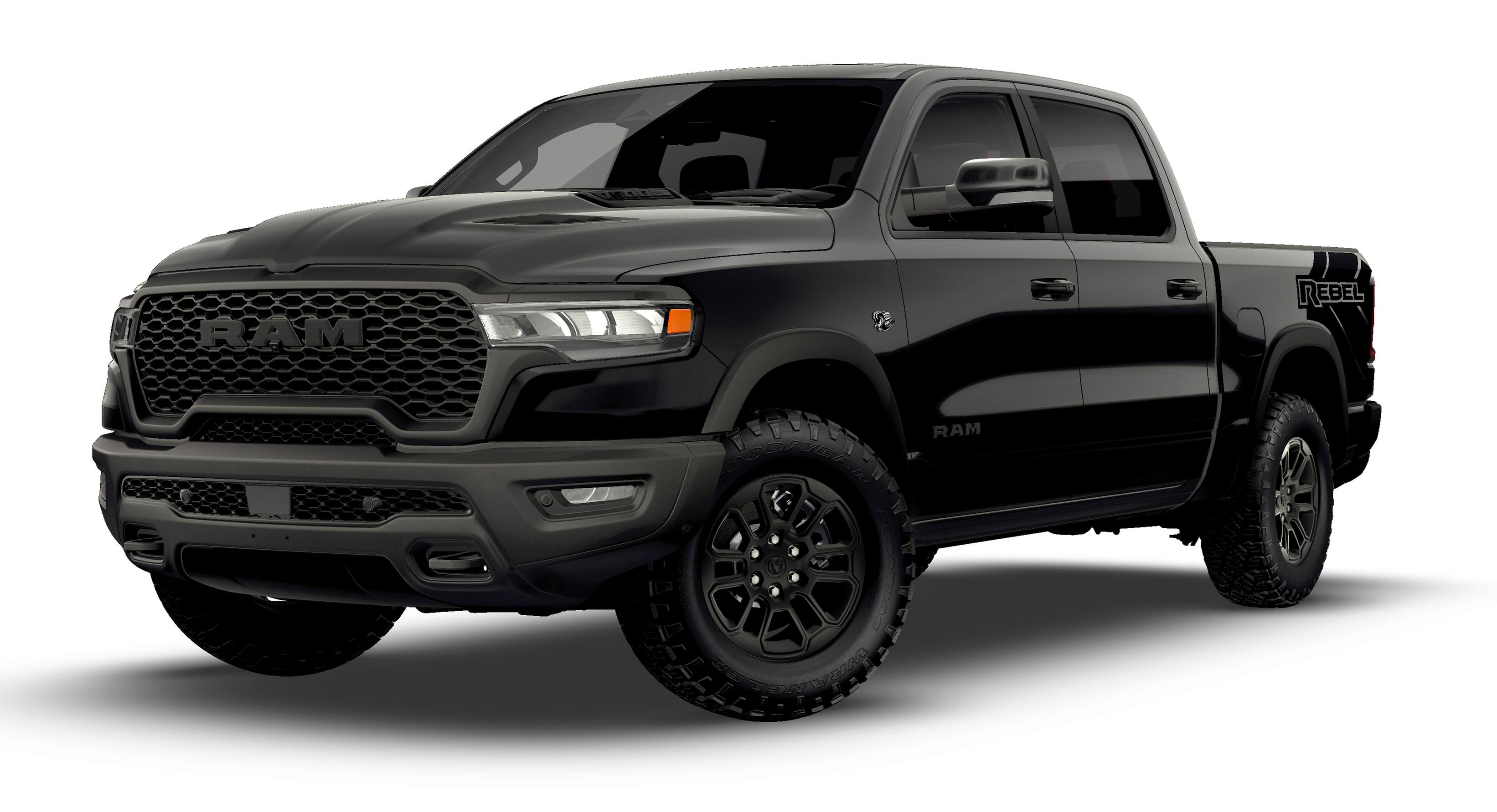 2026 RAM Ram 1500 RAM 1500 REBEL CREW CAB 4X4 5'7' BOX in Diamond Black Crystal Pearl-Coat Exterior Paint — front three-quarter view