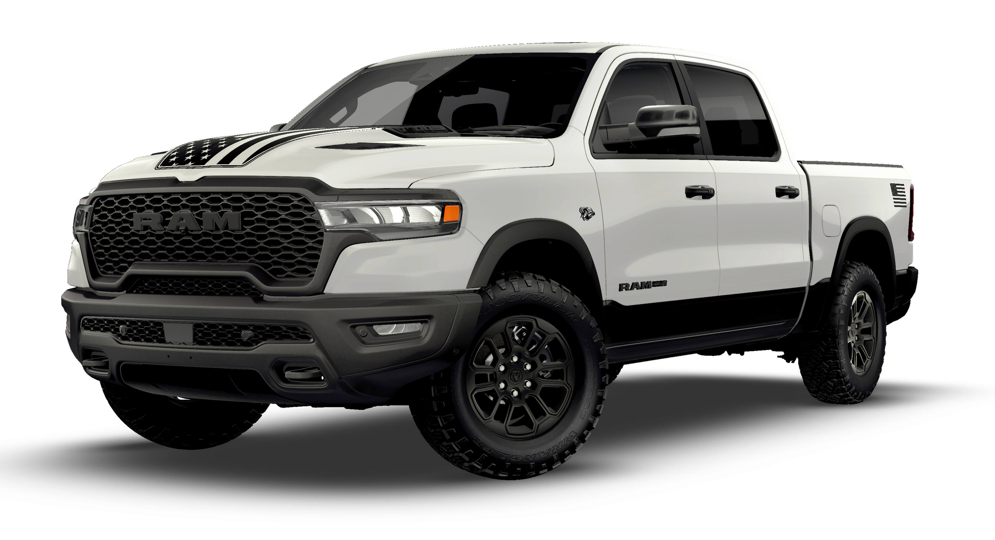 2026 RAM Ram 1500 RAM 1500 REBEL CREW CAB 4X4 5'7' BOX in Bright White Clear-Coat Exterior Paint — front three-quarter view