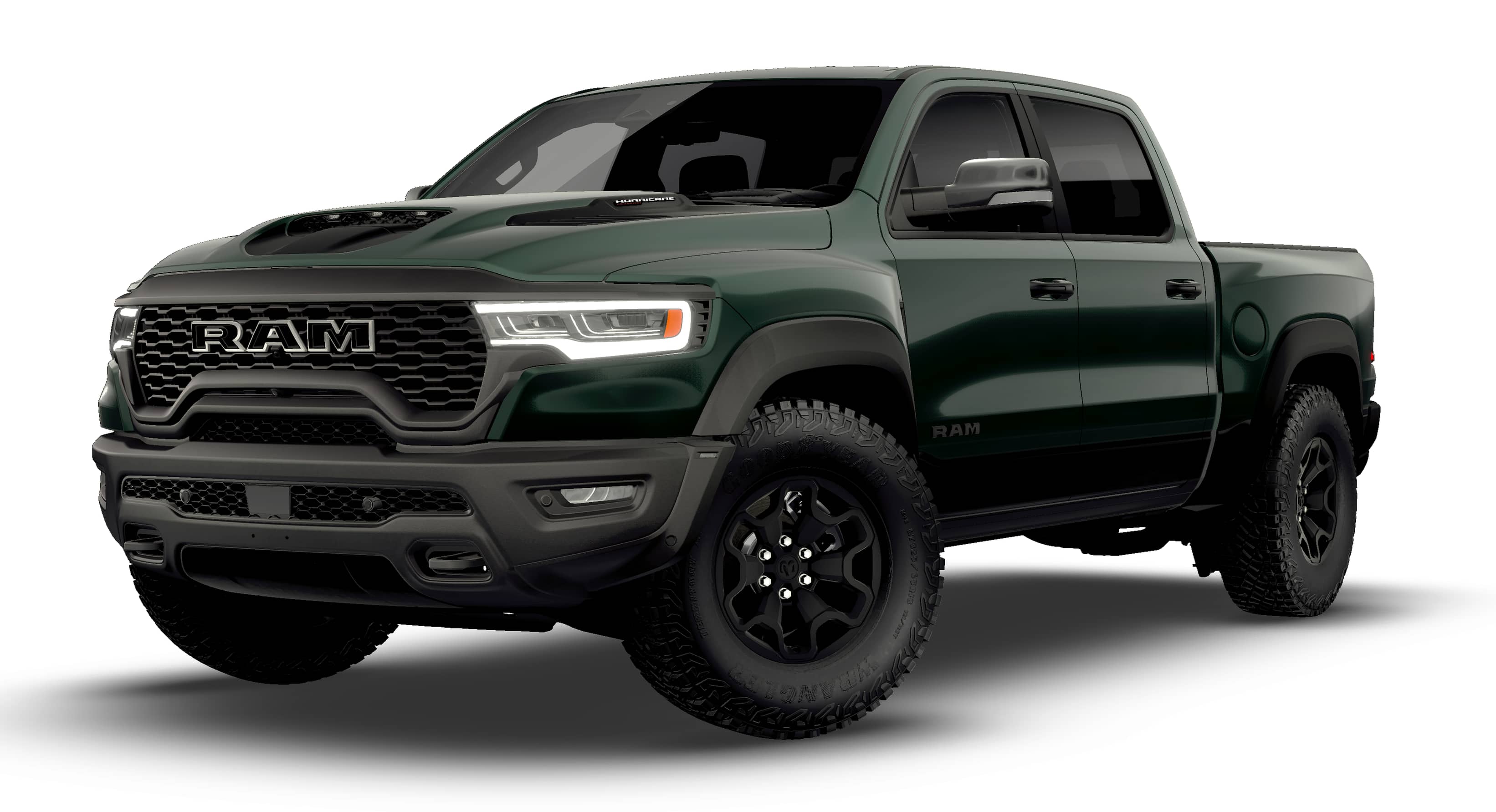2026 RAM Ram 1500 RAM 1500 RHO CREW CAB 4X4 5'7' BOX in Serrano-Green Metallic Exterior Paint — front three-quarter view